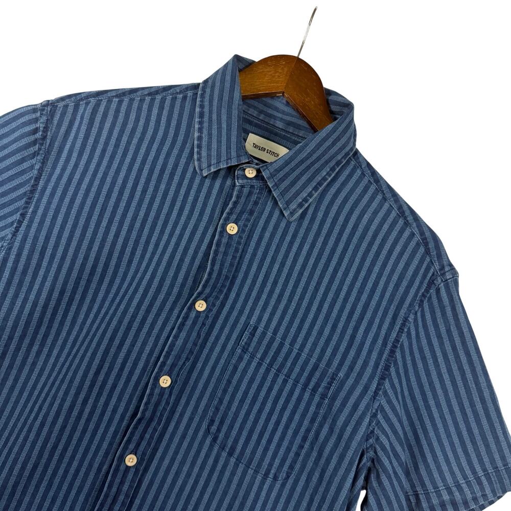 Taylor Stitch Men’s 42 Short Sleeve California Indigo Jacquard Stripe Organic